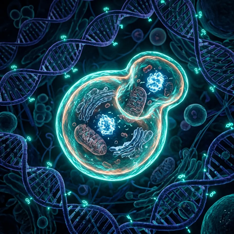 3D scientific microscopic visualization of cellular autophagy and DNA methylation mechanisms