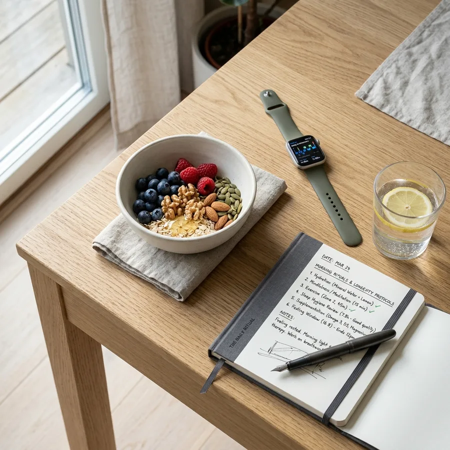 Flat lay of a premium daily lifestyle tracking routine: smartwatch, organic foods, and journal