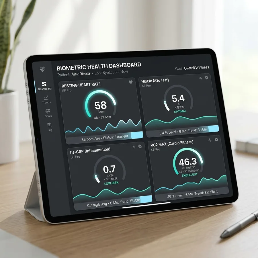 Modern clinical dashboard displaying longevity biomarkers and healthy target ranges