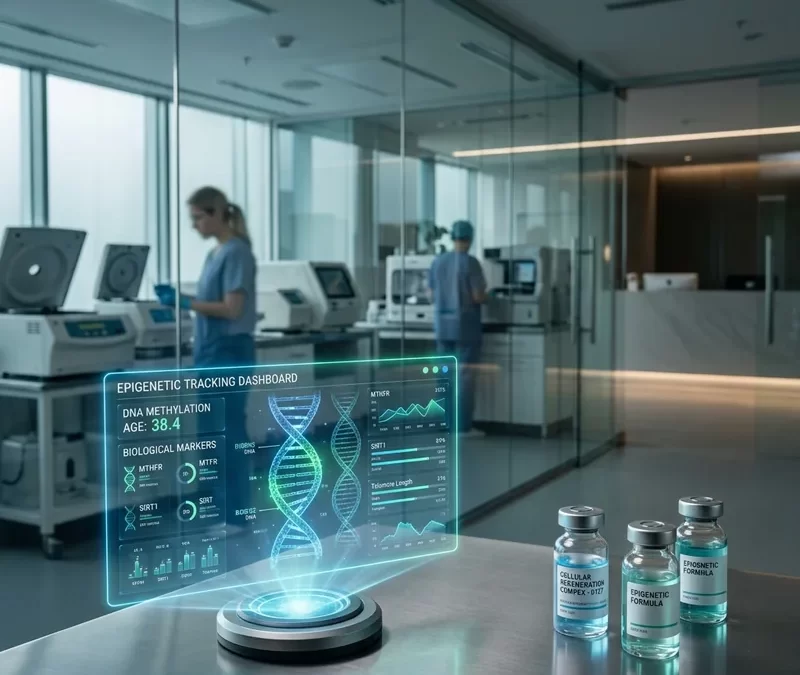 Sleek landscape of a high-end medical clinic setting with clinical epigenetic tracking dashboards and clean glass biological vials.