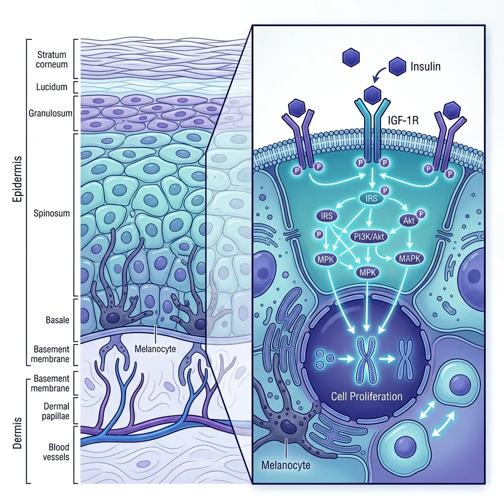 Dermatological Markers: Identifying Skin Signs of Early Insulin Resistance Acanthosis Nigricans cell pathway showing keratinocyte and melanocyte hyper-proliferation