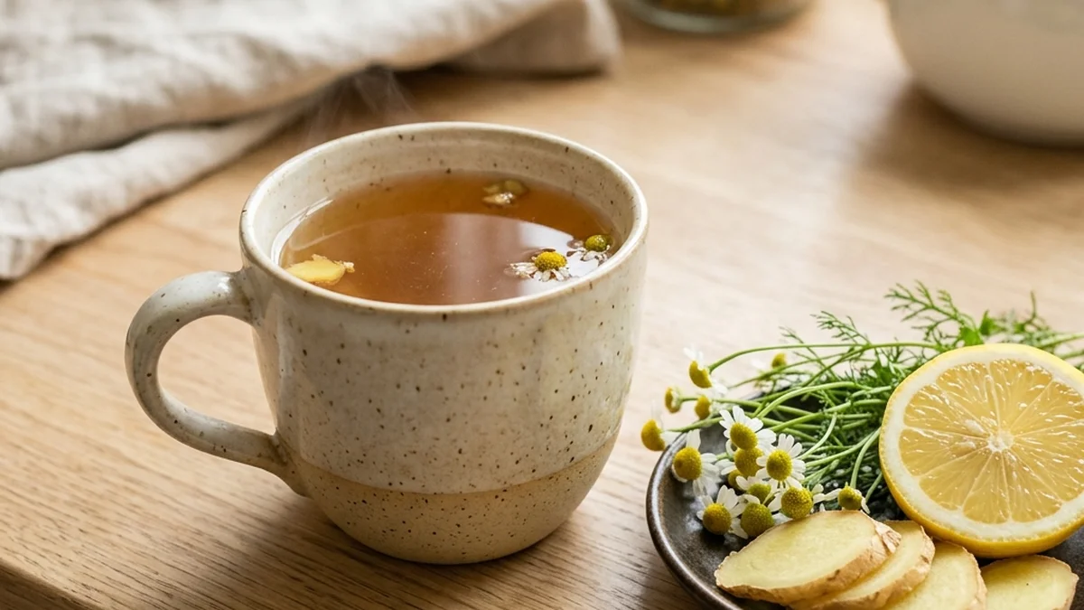 Professional lifestyle health photograph showing a cup of warm ginger tea, fresh ginger root, and chamomile flowers.