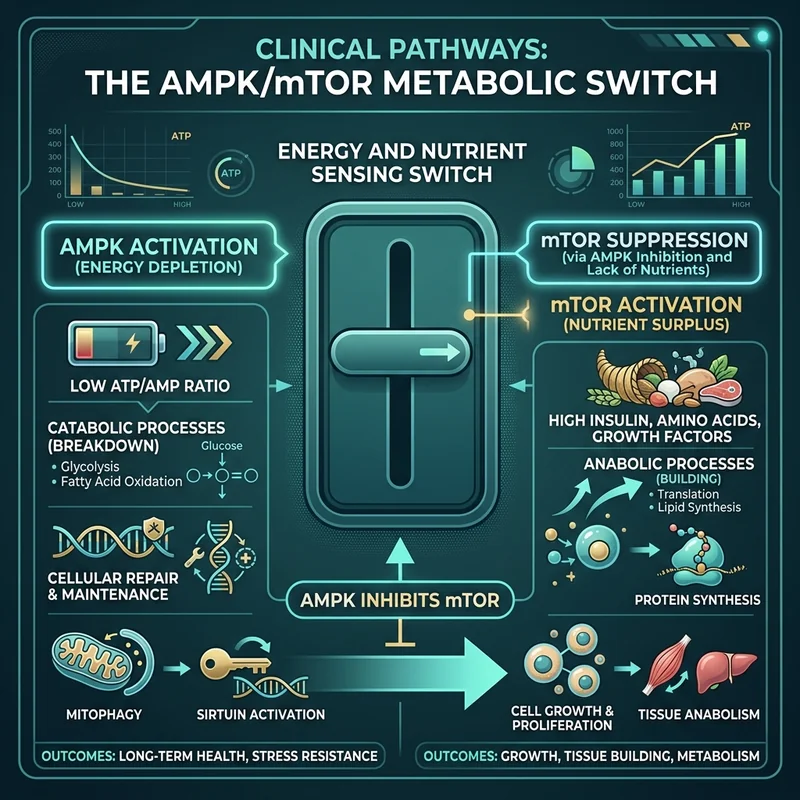 The Clinical Timeline of Autophagy: Exact Fasting Hours for Cellular Repair AMPK activation versus mTOR suppression pathway diagram showing the molecular triggers of autophagy.