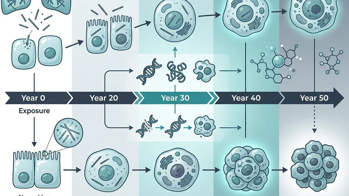 Timeline diagram showing the 20 to 50 year latency period of asbestos exposure to mesothelioma