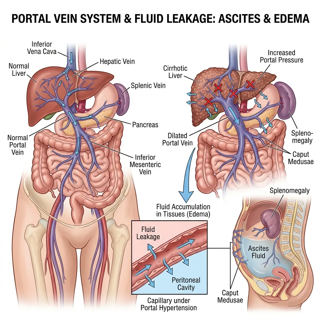 An anatomical diagram of the liver and portal vein system illustrating the development of ascites and fluid leakage.