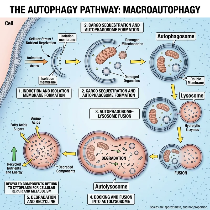 The Clinical Timeline of Autophagy: Exact Fasting Hours for Cellular Repair Clinical diagram showing the autophagosome-lysosome fusion cycle during autophagy.