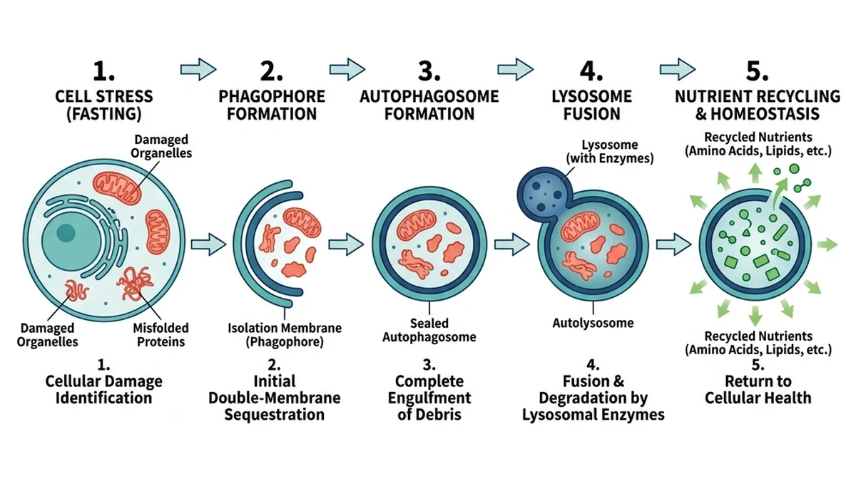Scientific illustration of the cellular autophagy pathway showing phagophore formation, autophagosome maturation, and lysosomal fusion during fasting induced cellular repair.