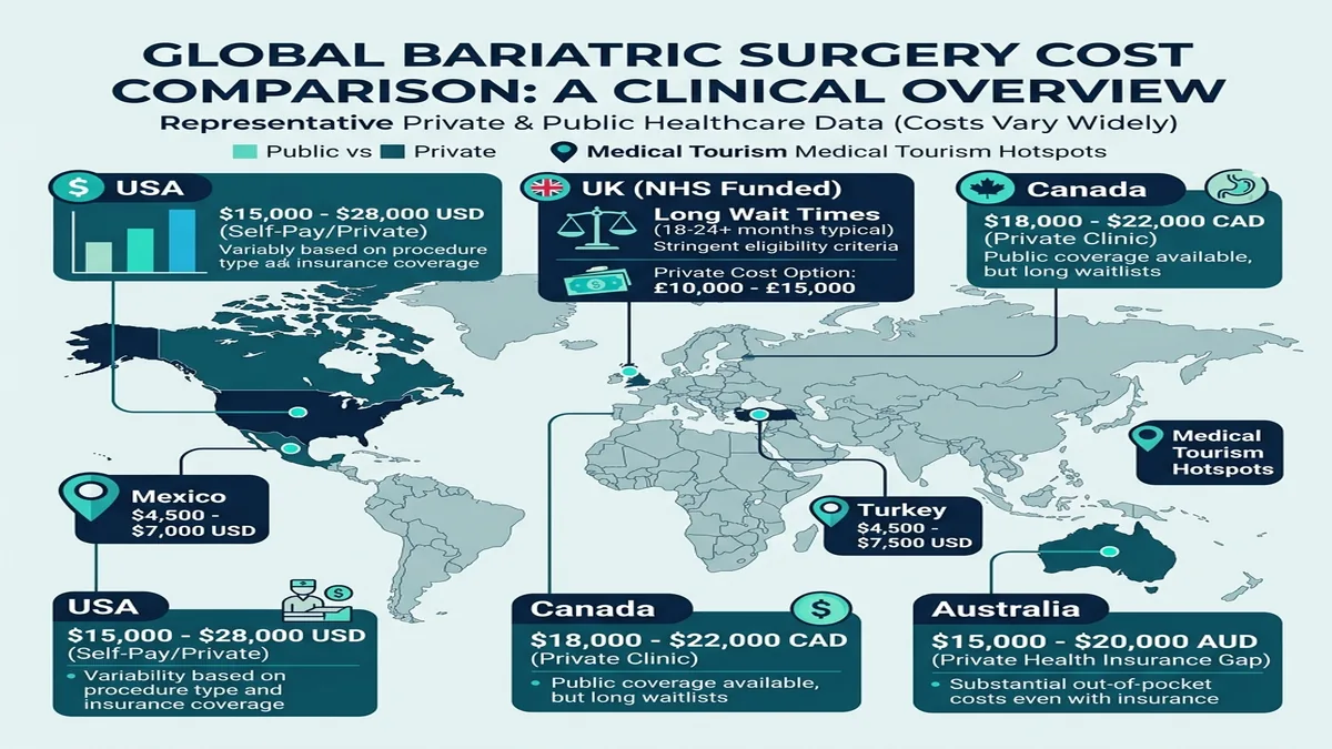 Global comparison infographic of bariatric surgery costs across USA UK Canada Australia and Mexico