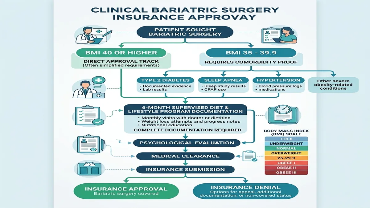 Flowchart of insurance BMI threshold requirements for bariatric surgery approval including comorbidity criteria