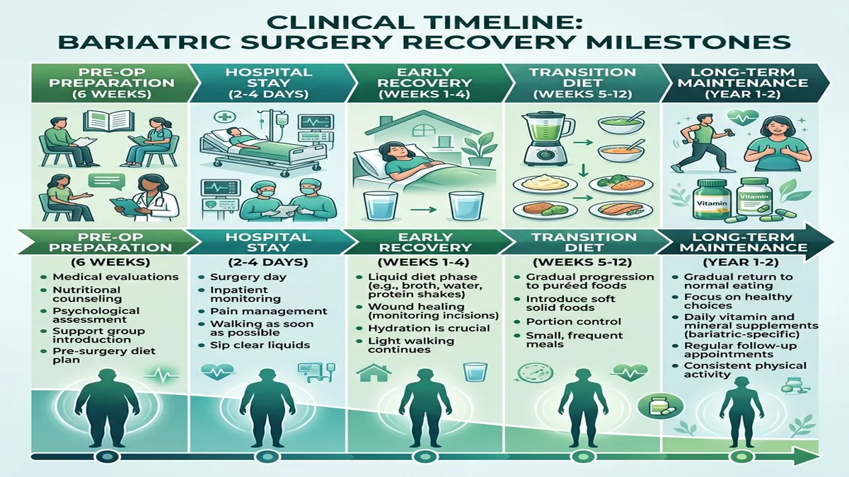 Clinical timeline of bariatric surgery recovery phases from hospital discharge through long-term weight stabilization