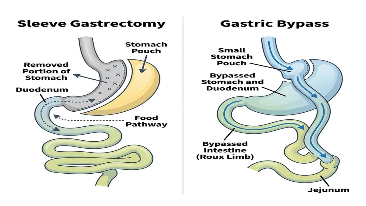 Medical diagram comparing gastric sleeve and gastric bypass bariatric surgery anatomy