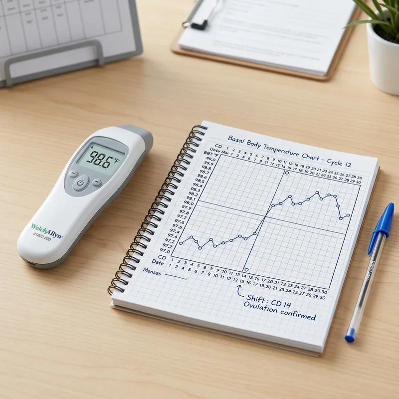 A Complete Guide to Tracking Your Ovulation and Boosting Fertility A digital thermometer next to a basal body temperature BBT chart showing a progesterone-driven thermal shift.