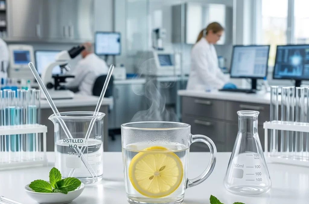 Steaming glass cup of warm water with fresh lemon slice on clinical table representing medical hydration