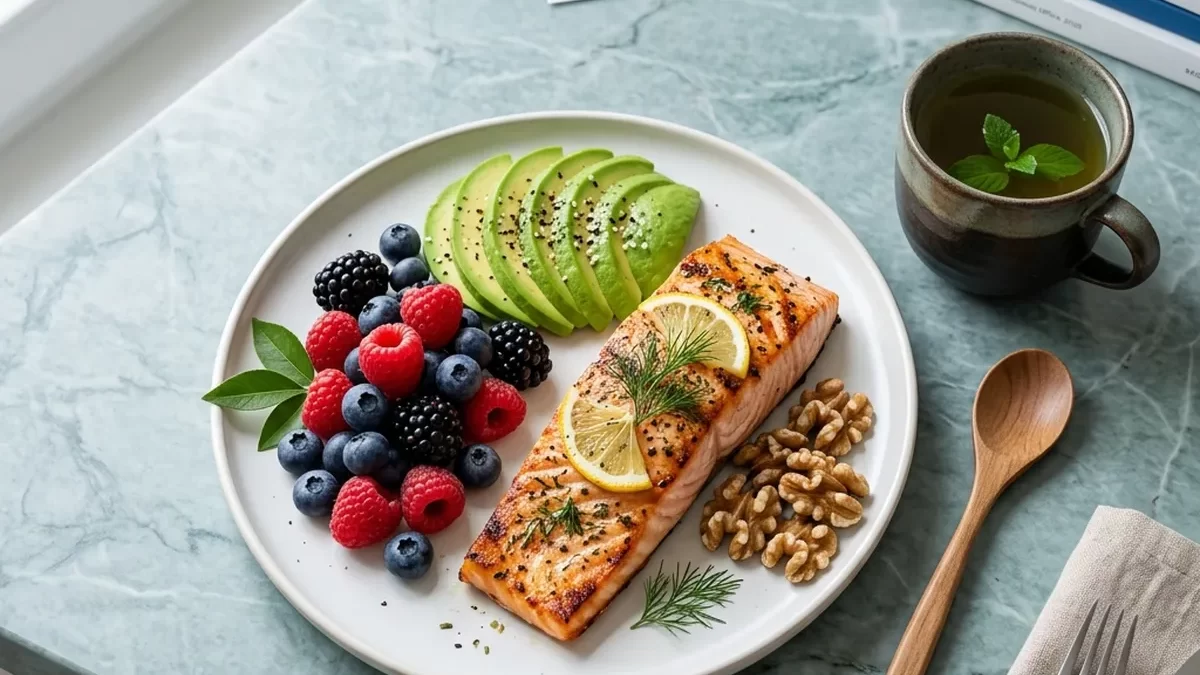 A premium flat-lay clinical table showing salmon, avocado, walnuts, fresh berries, green tea, and healthy skin foods.