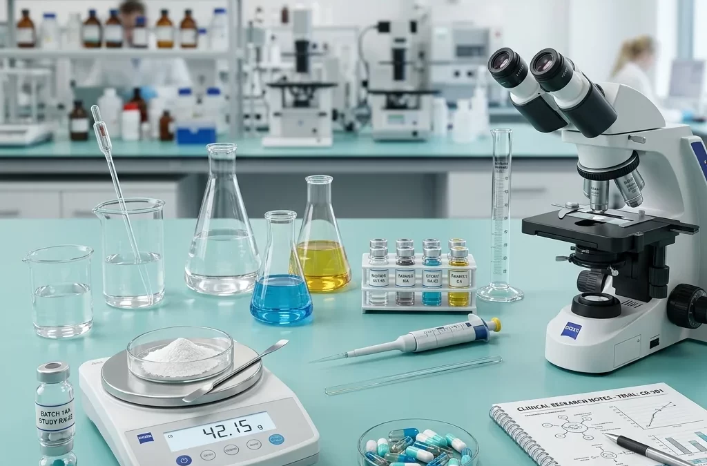 A premium clinical selection of the best health supplements on a sterile laboratory workbench