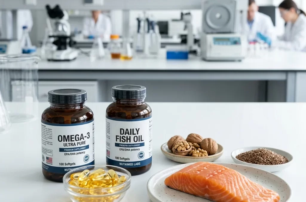 Amber supplement bottles containing golden fish oil softgels next to a fresh salmon fillet on a clean laboratory table.
