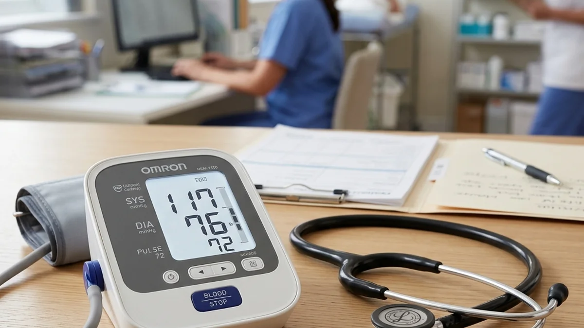 Stethoscope lying next to digital blood pressure monitor displaying normal reading 117/76 mmHg