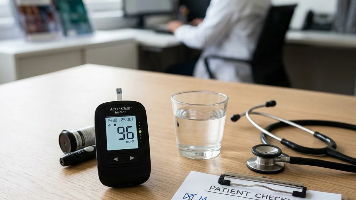 Clinical setting showing a digital glucometer next to a fresh apple, representing glucose level monitoring.