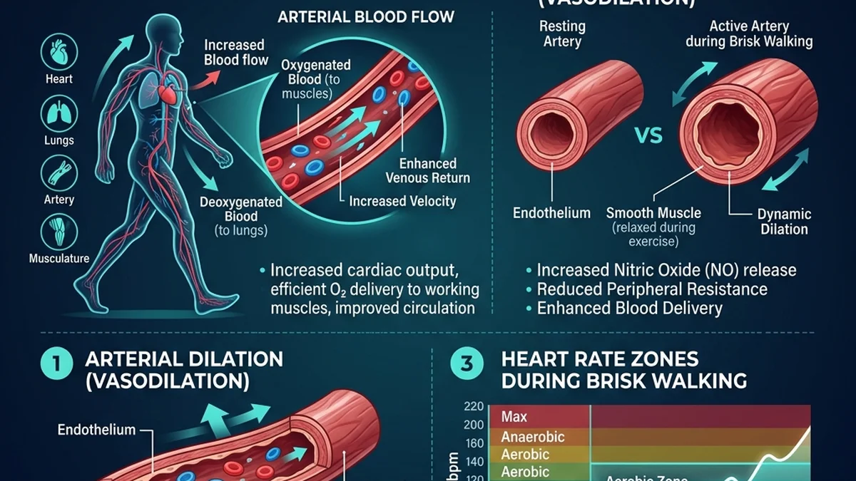 Vector infographic illustrating blood flow, arterial dilation, and heart rate zones during brisk walking.