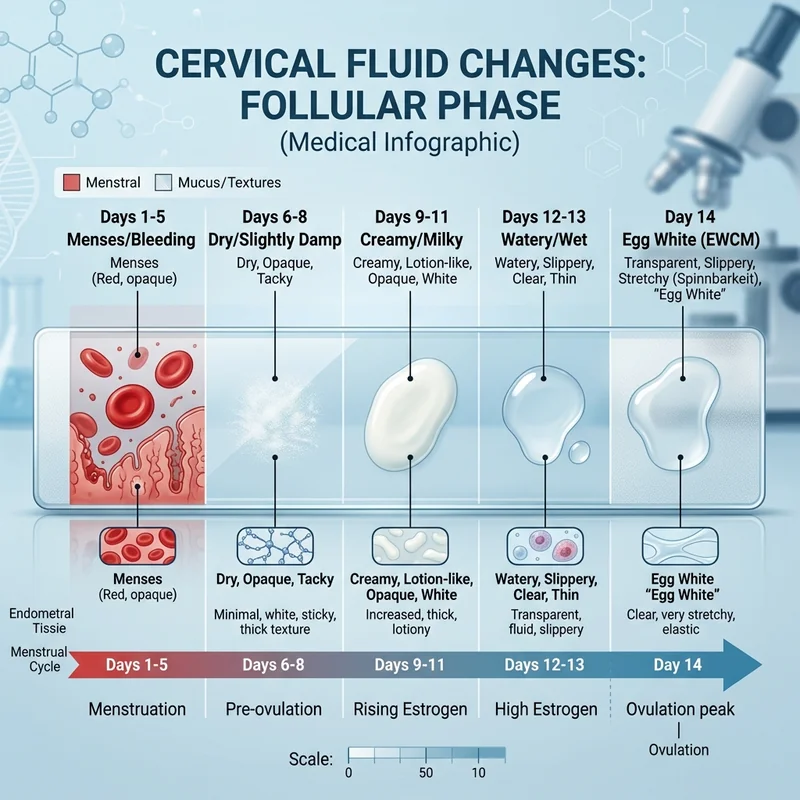 A Complete Guide to Tracking Your Ovulation and Boosting Fertility An infographic detailing the transition of cervical mucus from dry to stretchable egg-white consistency.