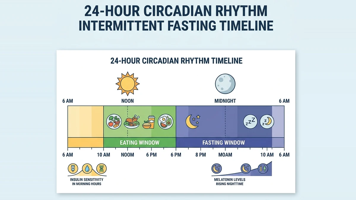 Vascular and metabolic diagram demonstrating the impact of late-night meals on insulin resistance and circadian alignment.