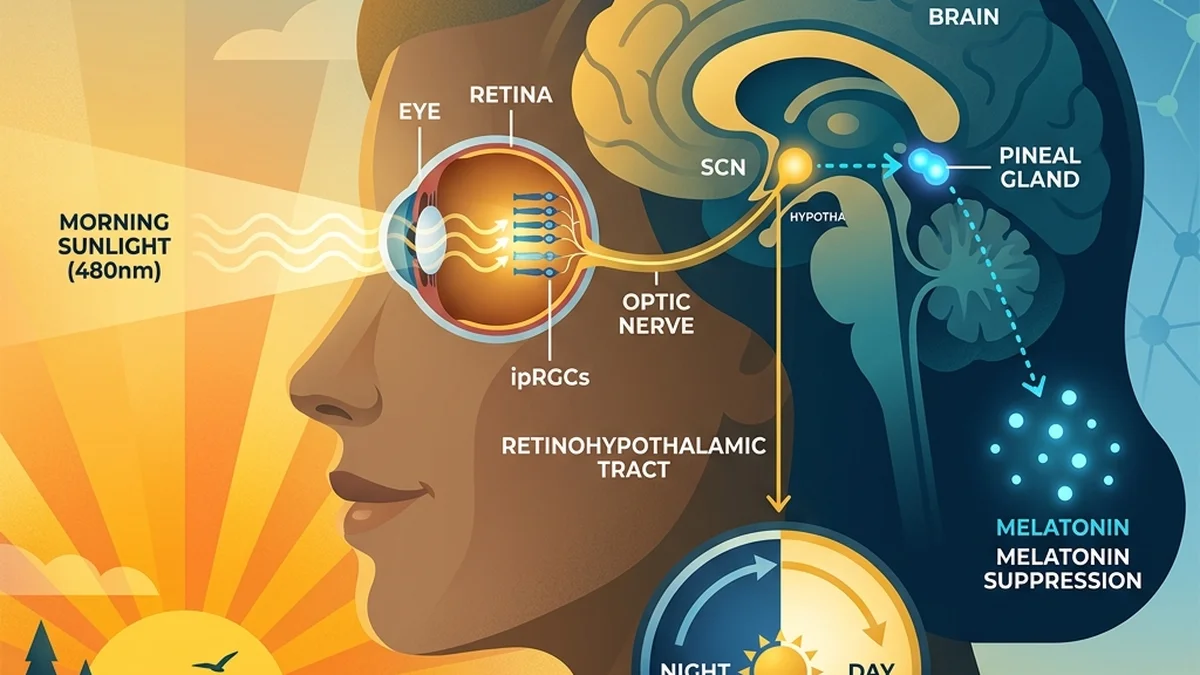 Vector illustration showing morning light stimulating ipRGCs and aligning the circadian clock.