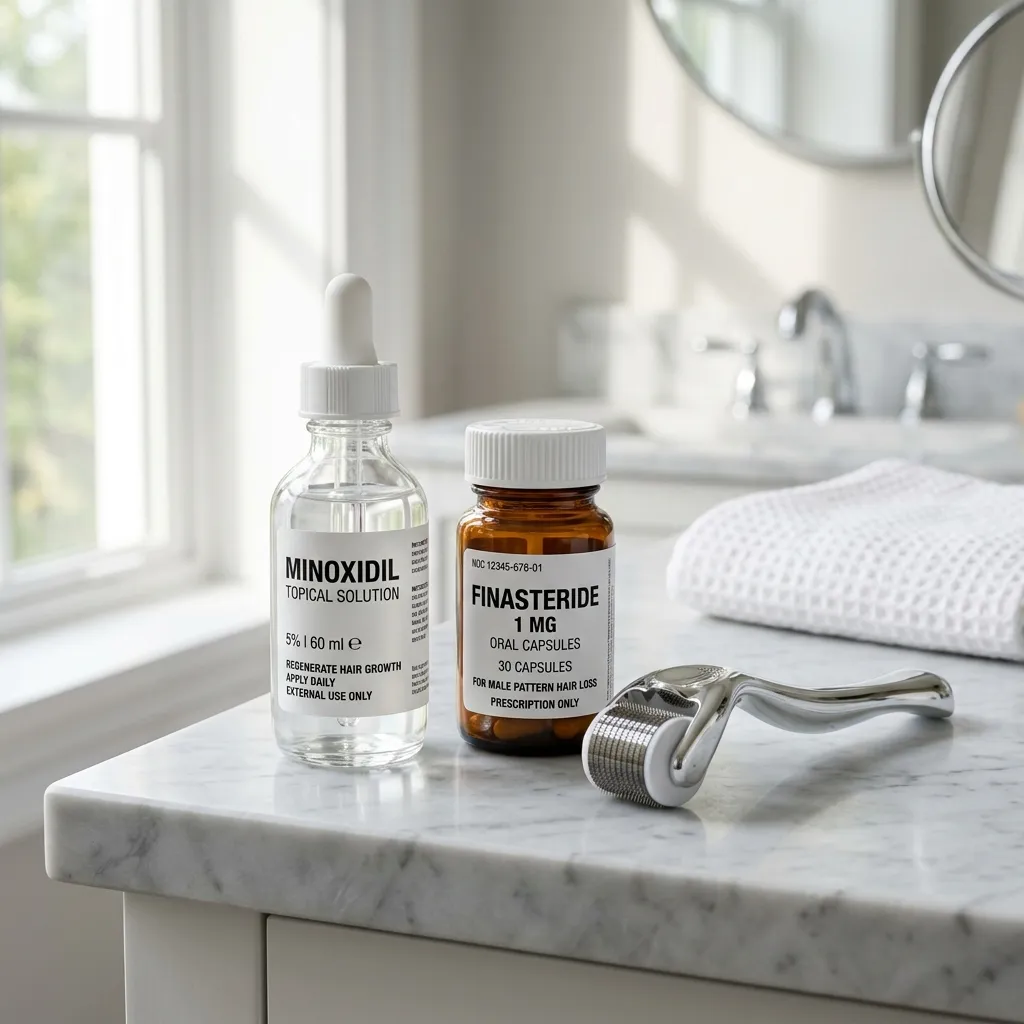 Clinical hair loss treatments including minoxidil solution, finasteride, and a titanium microneedle dermaroller.