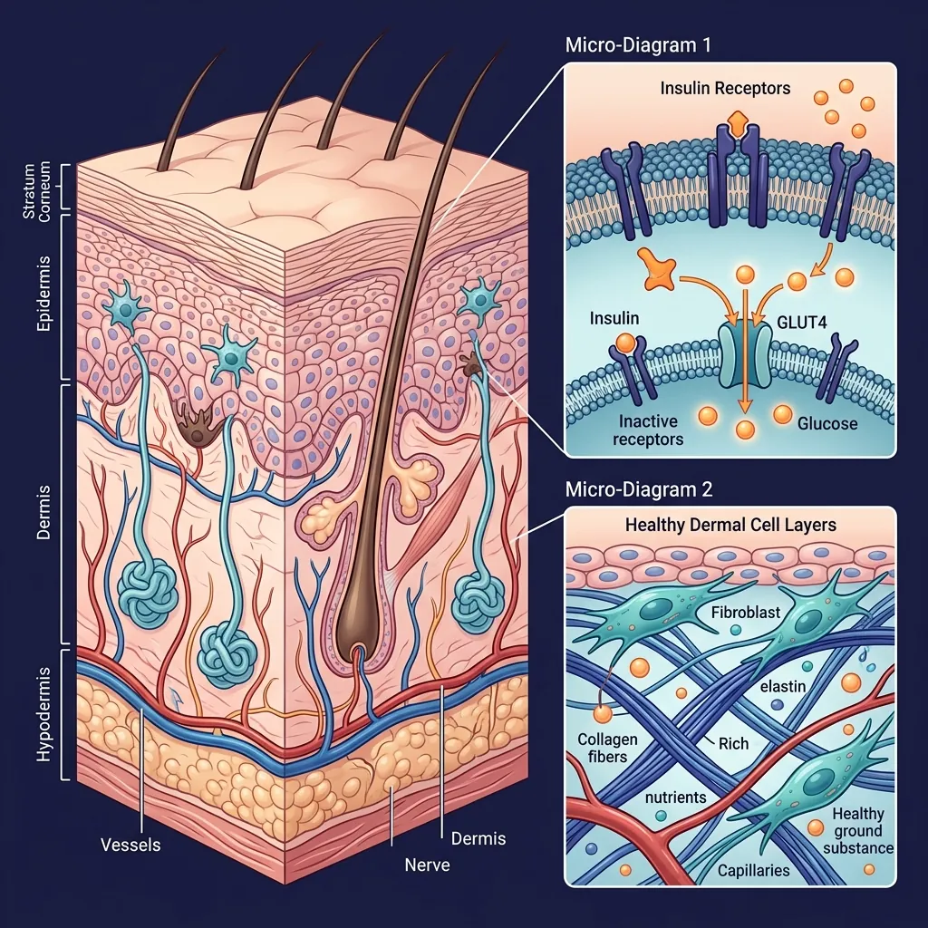 Dermatological Markers: Identifying Skin Signs of Early Insulin Resistance Clinical illustration of skin layers showing cellular receptors under metabolic stress