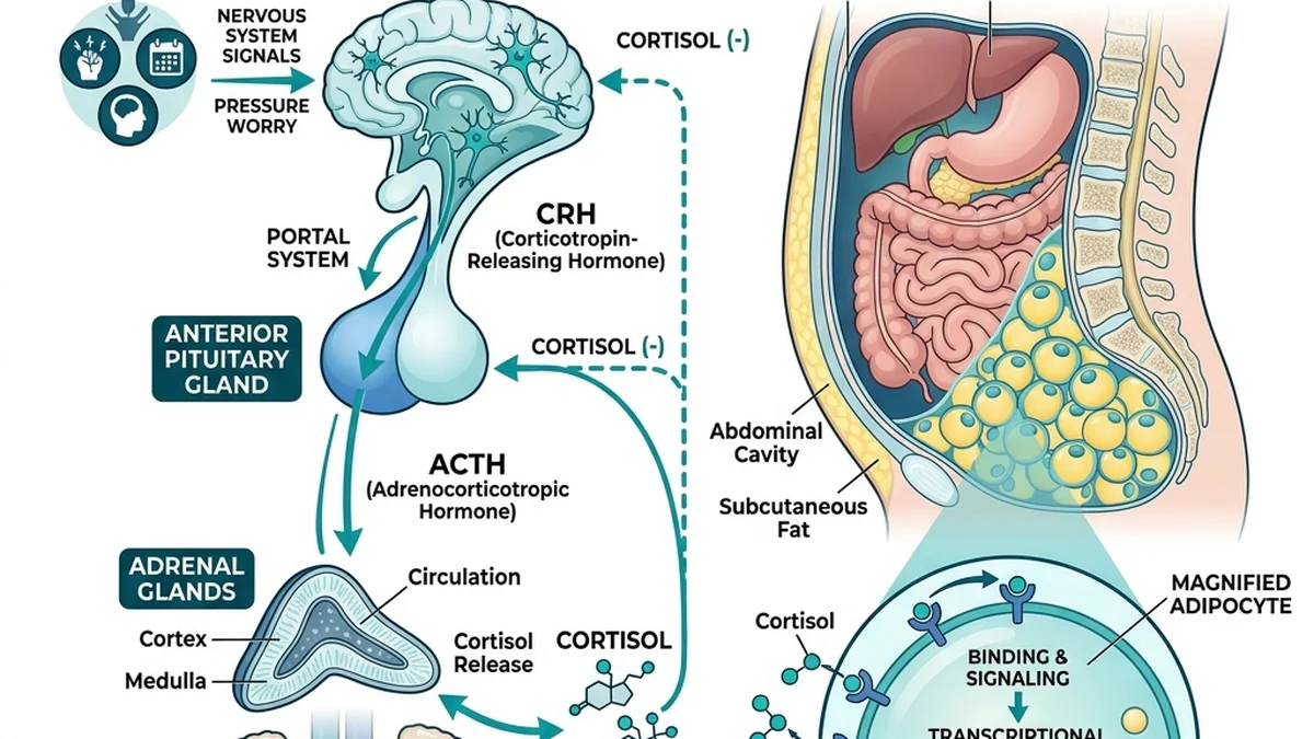 Endocrine diagram showing chronic HPA axis activation leading to cortisol elevation and preferential visceral fat deposition via glucocorticoid receptor binding in omental adipose tissue.