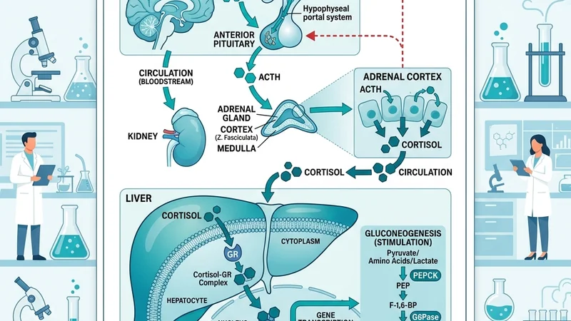 Clinical feedback loop diagram showing how cortisol activates hepatic gluconeogenesis, elevating fasting blood glucose and contributing to peripheral insulin resistance when the HPA axis is chronically dysregulated.