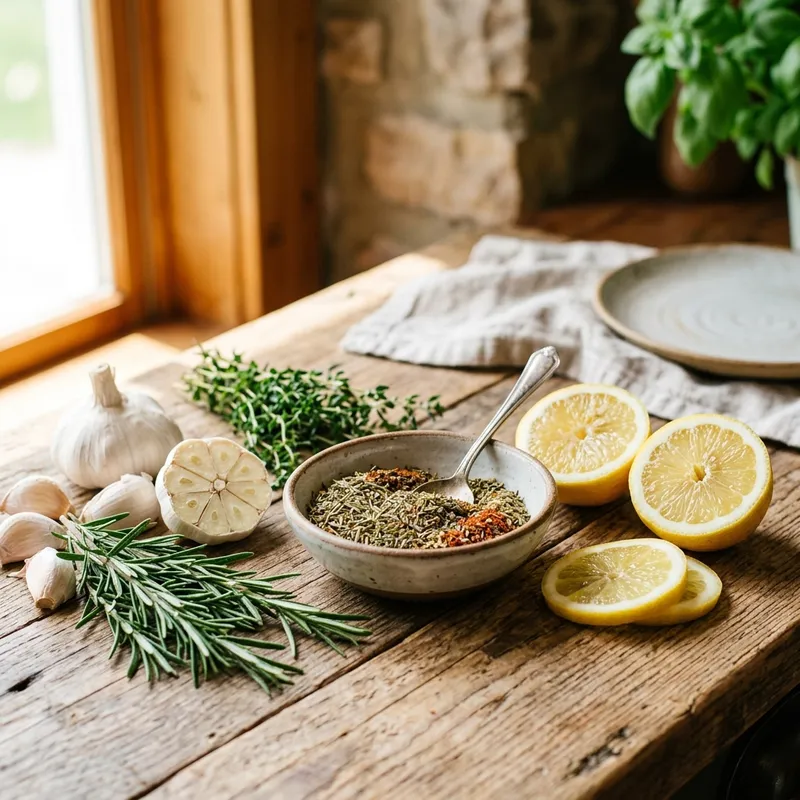 DASH diet prep with herbs, garlic, and lemon