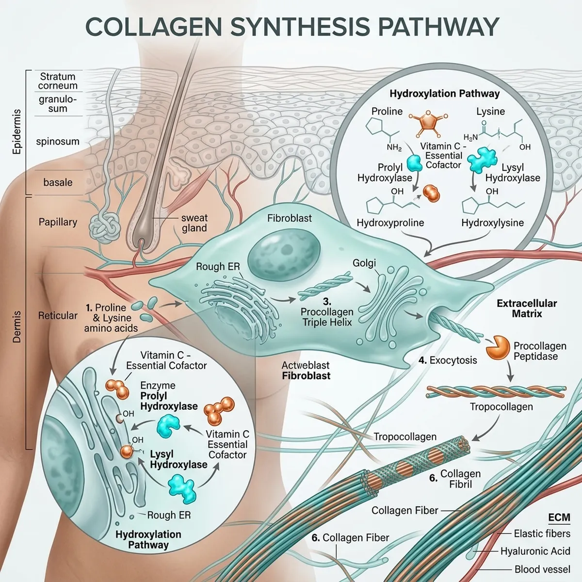Clinical medical diagram of dermatological nutrition skin barrier showing collagen synthesis and the role of Vitamin C.