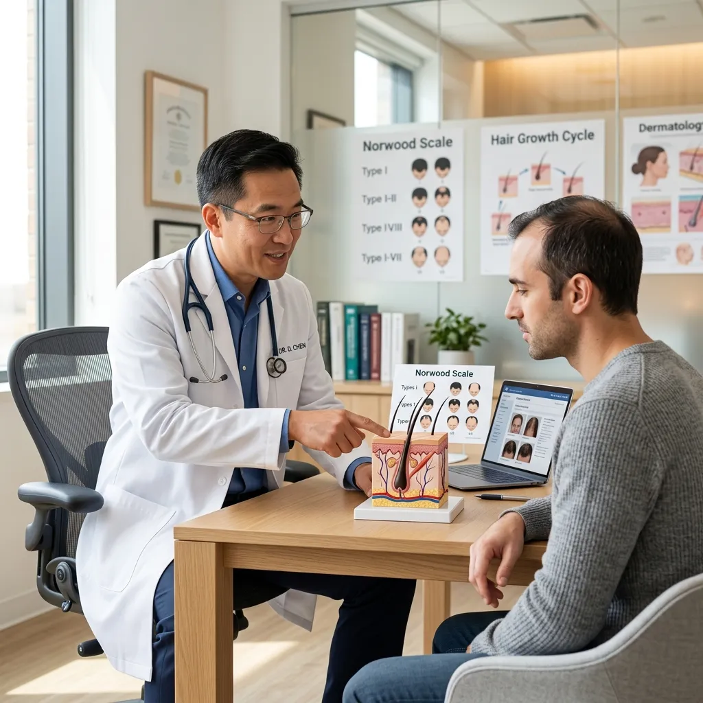 A professional consultation analyzing male pattern hair loss using the Norwood scale chart.