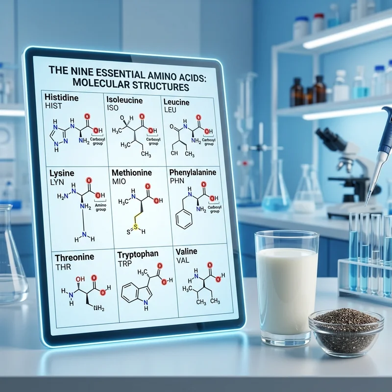 A detailed clinical biological diagram outlining the molecular structures of the nine essential amino acids on a screen.