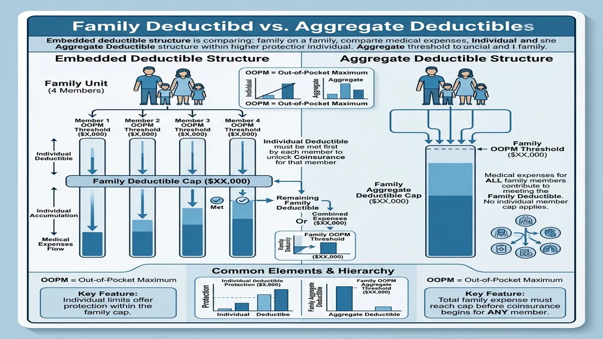 Diagram showing embedded versus aggregate deductible structure for family health insurance plans