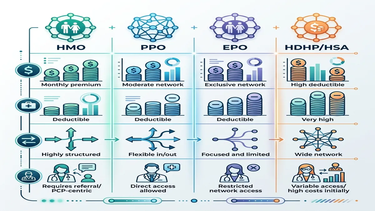 Family health insurance plan comparison matrix showing HMO, PPO, EPO, and HDHP-HSA network structures