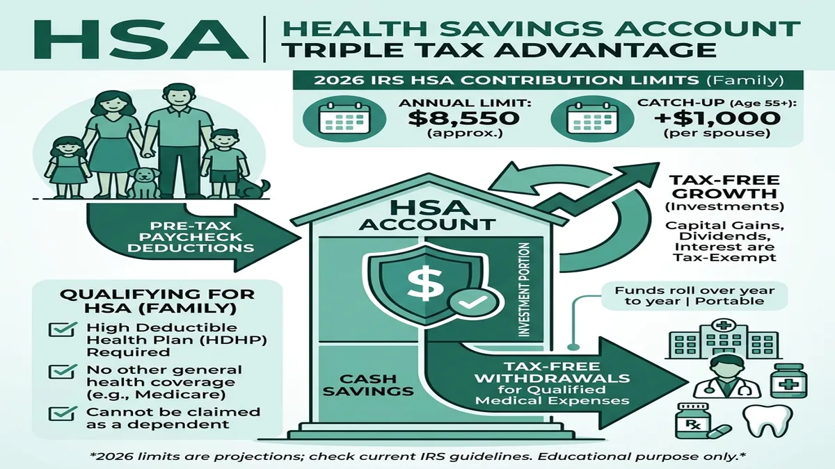 Health Savings Account triple tax advantage diagram showing pre-tax contributions, tax-free growth, and tax-free medical withdrawals for families