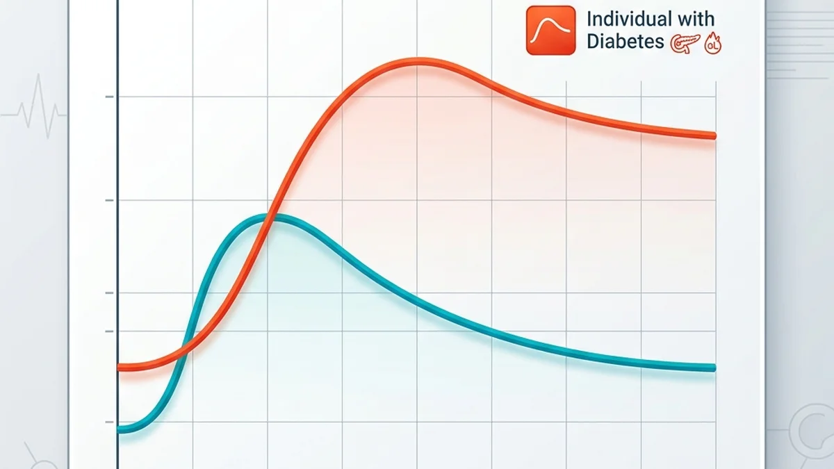 Optimal CGM Target Ranges for Non-Diabetics: A Clinical Interpretation Guide Clinical line graph comparing fasting glucose and postprandial glucose fluctuations over 4 hours in a metabolically healthy individual versus someone with impaired glucose tolerance, showing the slower glucose return to baseline in the impaired curve.