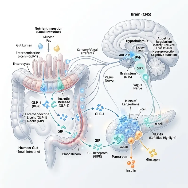 Clinical diagram detailing the physiological GIP and GLP-1 receptor pathways in the stomach, pancreas, and brain.