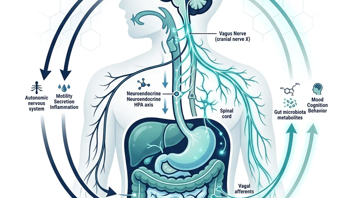 Clinical diagram showing the bidirectional communication pathways of the gut-brain axis, including vagus nerve and neuroendocrine signals.