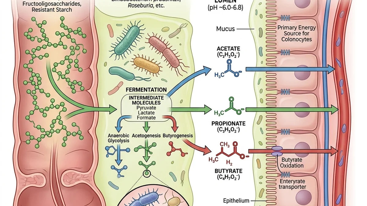 Detailed diagram illustrating the biochemical fermentation of prebiotic fibers by the gut microbiota, producing beneficial short-chain fatty acids (SCFAs).