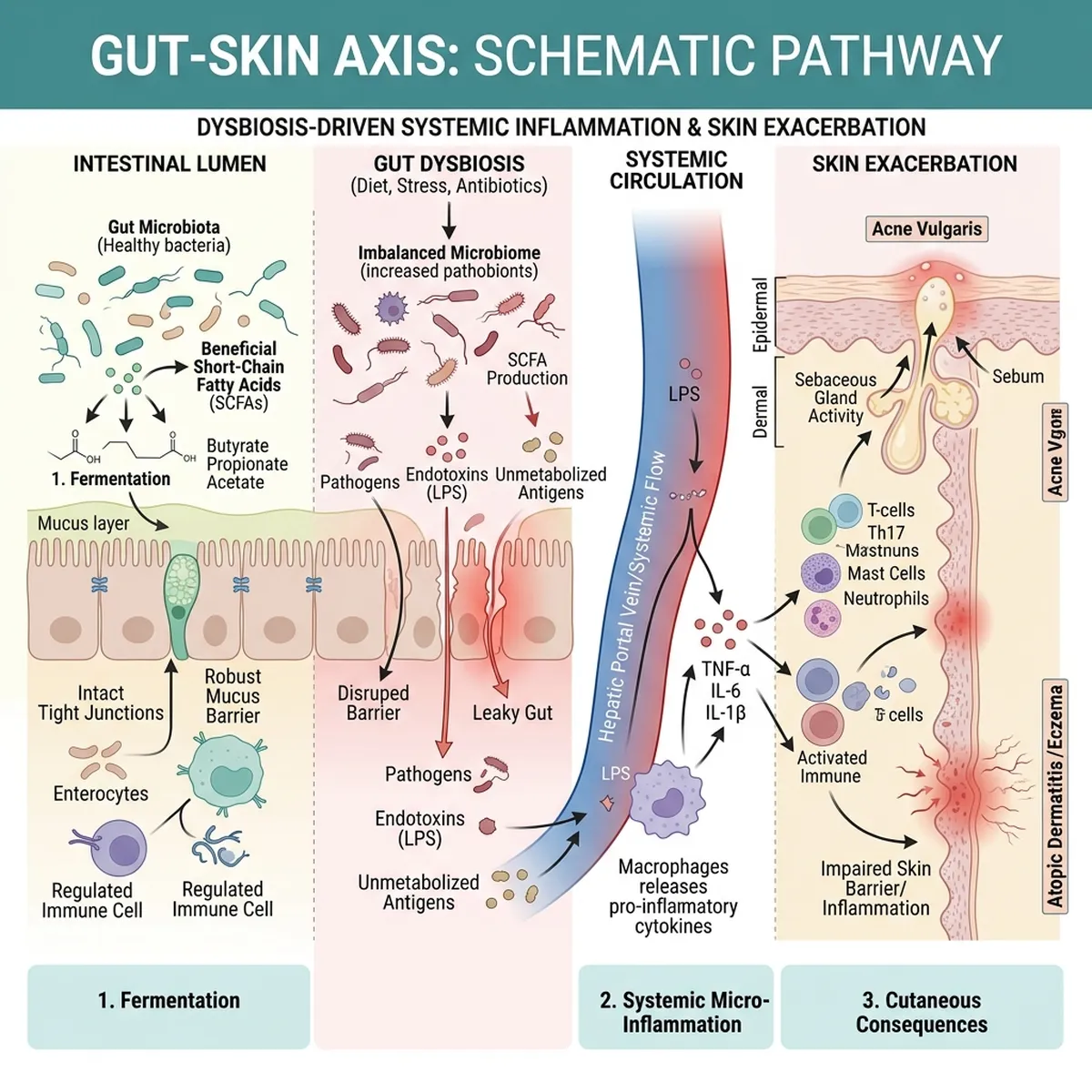 Clinical diagram of the gut-skin axis showing the impact on dermatological nutrition skin barrier optimization.