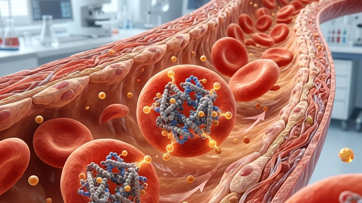 Optimal CGM Target Ranges for Non-Diabetics: A Clinical Interpretation Guide Detailed medical illustration showing non-enzymatic glycation where glucose molecules bind to hemoglobin proteins inside red blood cells, forming HbA1c, a clinical marker of average blood glucose over a 90-day period.