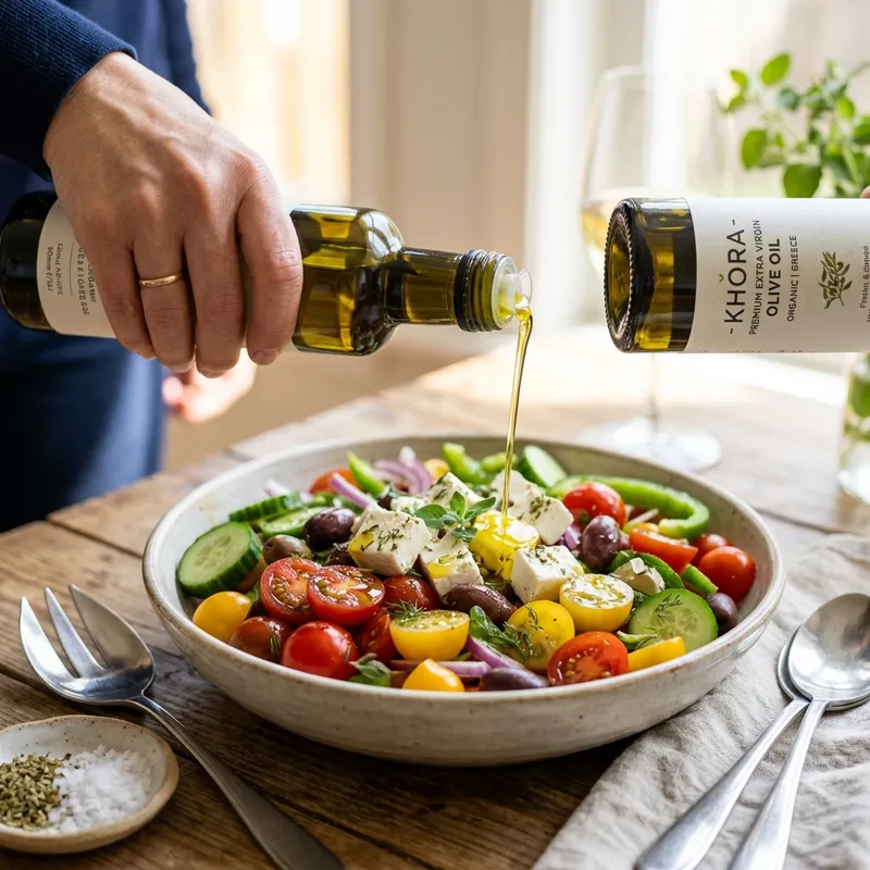 Drizzling extra virgin olive oil onto a salad