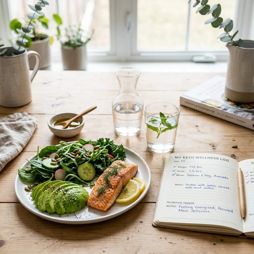 A clean clinical table displaying healthy whole foods, water, and a health tracking logbook for liver recovery.