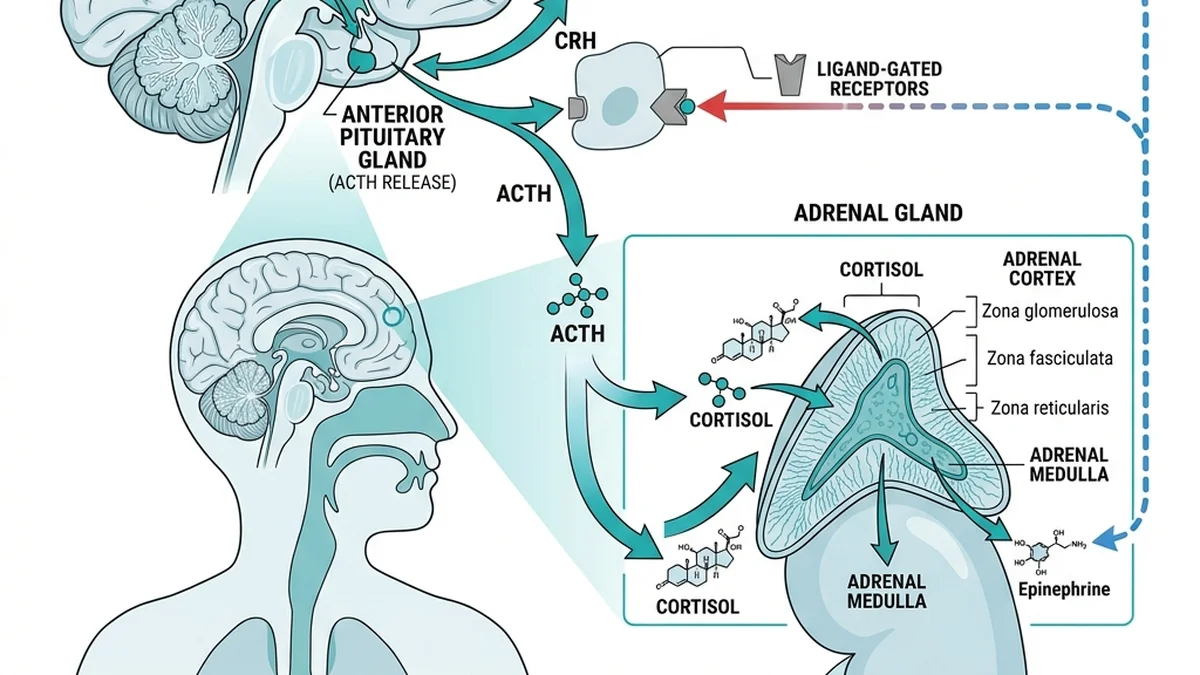 Clinical diagram of the HPA axis stress pathway showing CRH from hypothalamus, ACTH from anterior pituitary, and cortisol release from the adrenal cortex during the morning Cortisol Awakening Response.