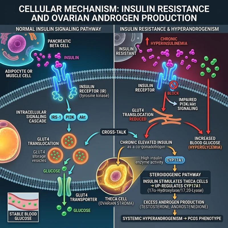A clinical diagram detailing the cellular glucose-insulin receptor pathway and showing how hyperinsulinemia stimulates ovarian androgen overproduction.