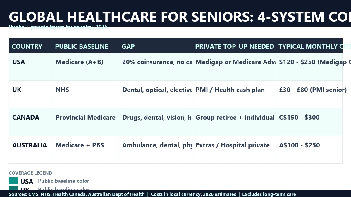 Private Health Insurance for Seniors 2026: Medicare, NHS Top-Ups & Global Expat Plans International Senior Coverage Comparison chart showing UK NHS top-up options Canada provincial health plans and Australia Medicare Levy Surcharge thresholds for retirees considering global expat coverage in 2026
