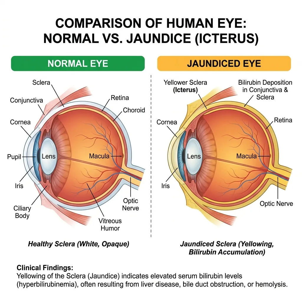 A clinical illustration comparing a normal eye with white sclera to a jaundiced eye with yellow sclera.