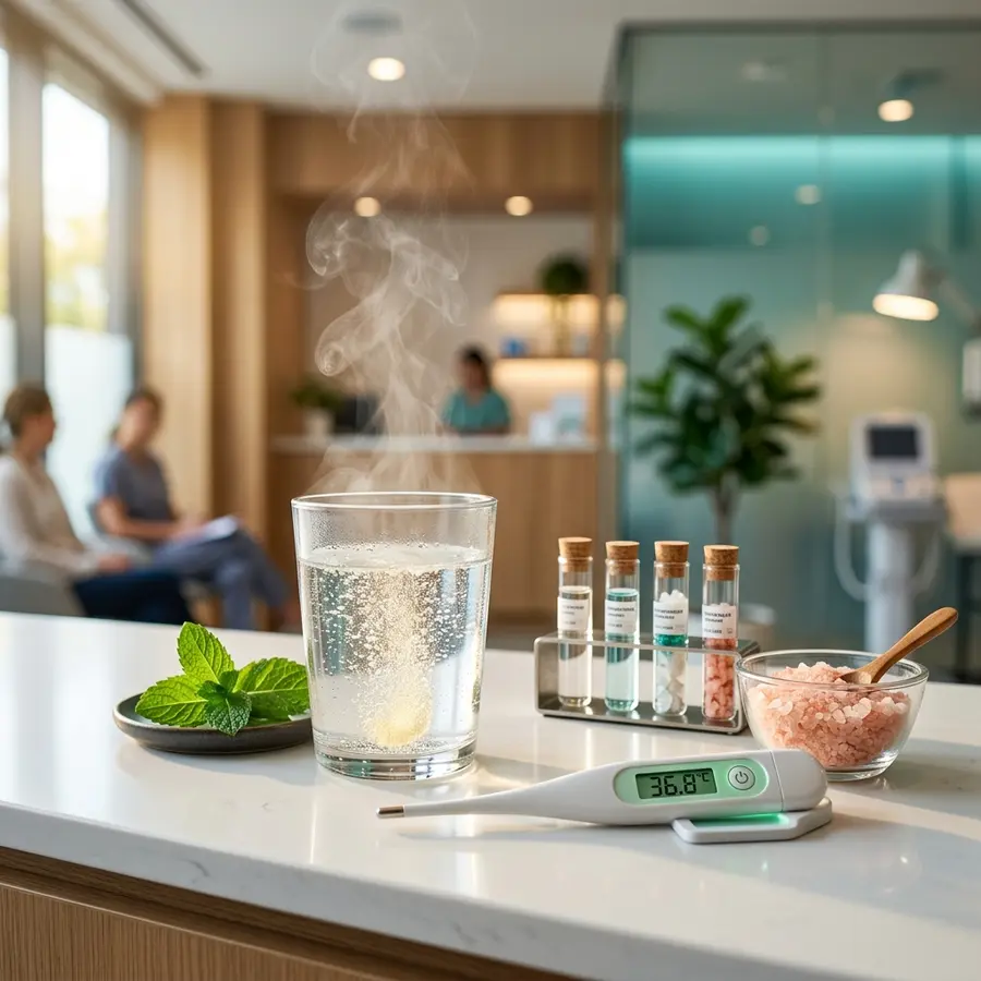 Steaming glass of electrolyte water next to mineral salts and clinical thermometer